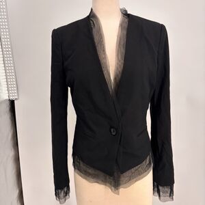 BCBG Max Azria Blazer Size Small Chiffon Trim Single Button Jacket Black